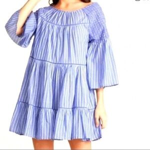 NWOT FREE PEOPLE lola Blue Striped embroidered mini Dress size S/M